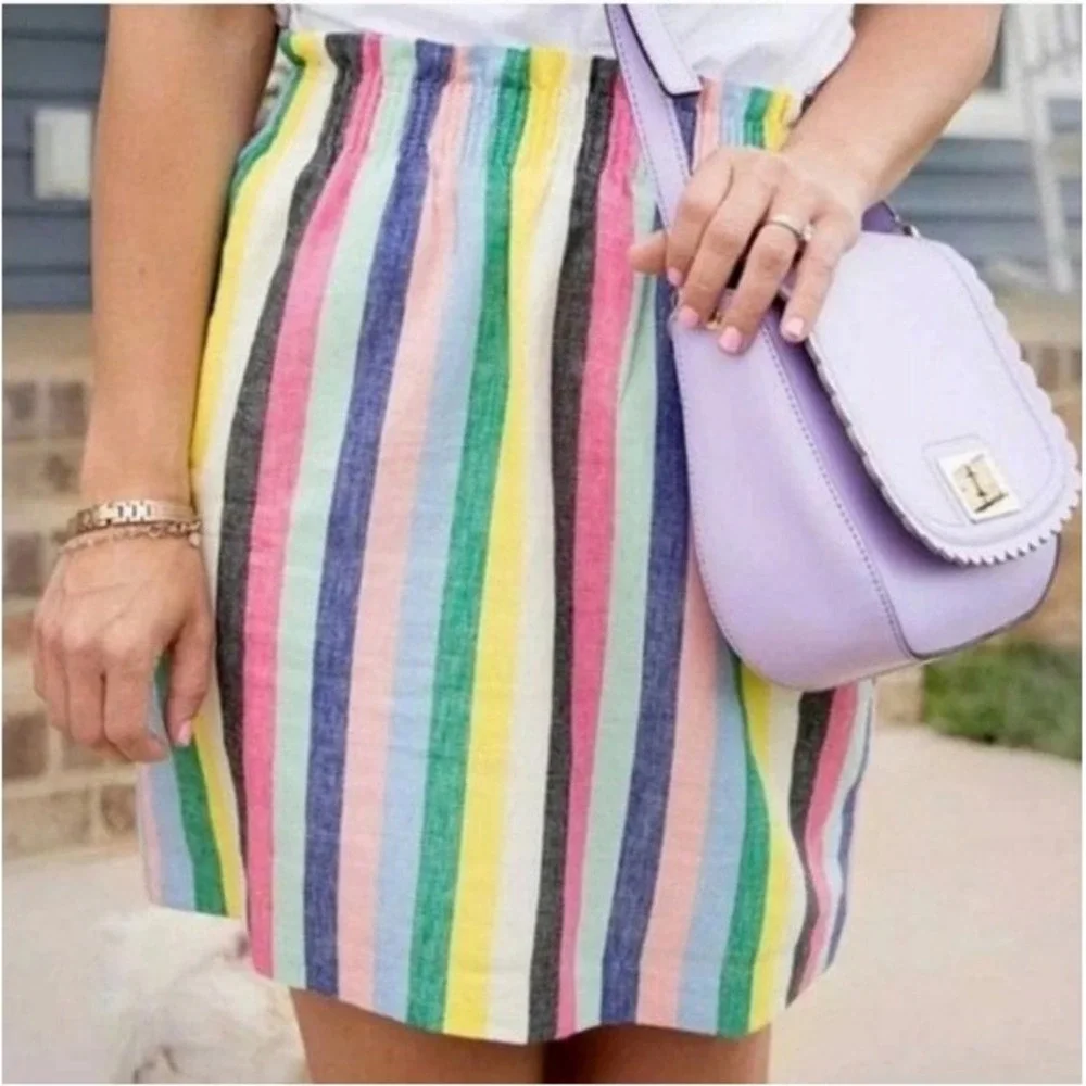 J.Crew Rainbow Striped Linen‎ Cotton Paper bag Mini Skirt Size 2 Retro Coastal